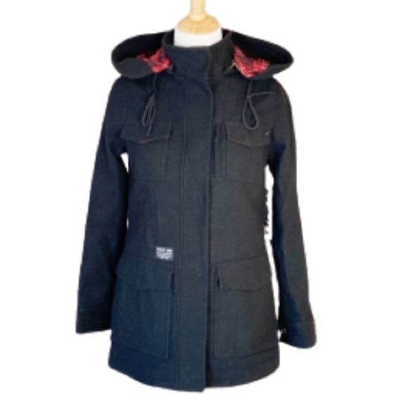 Hurley X Alpha IND Collaboration Black Wool Pea Coat NWT Size small RARE